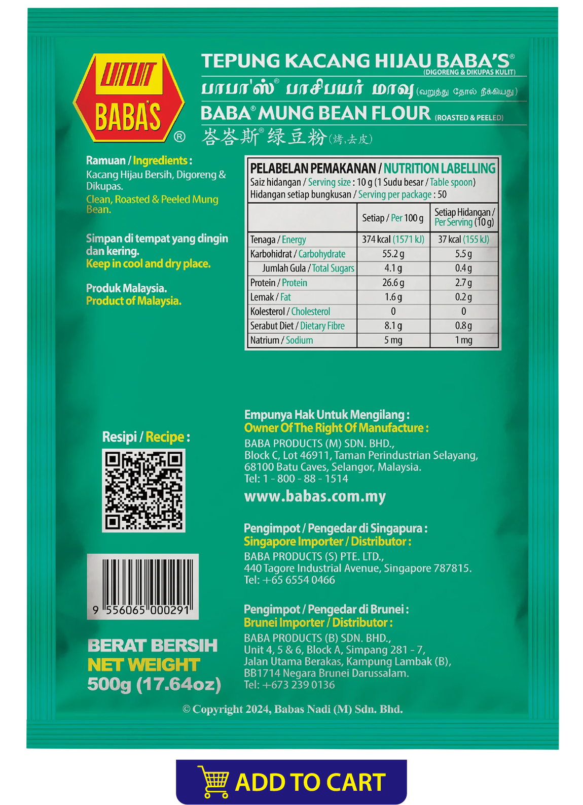 BABA'S MUNG BEAN FLOUR (ROASTED & PEELED)